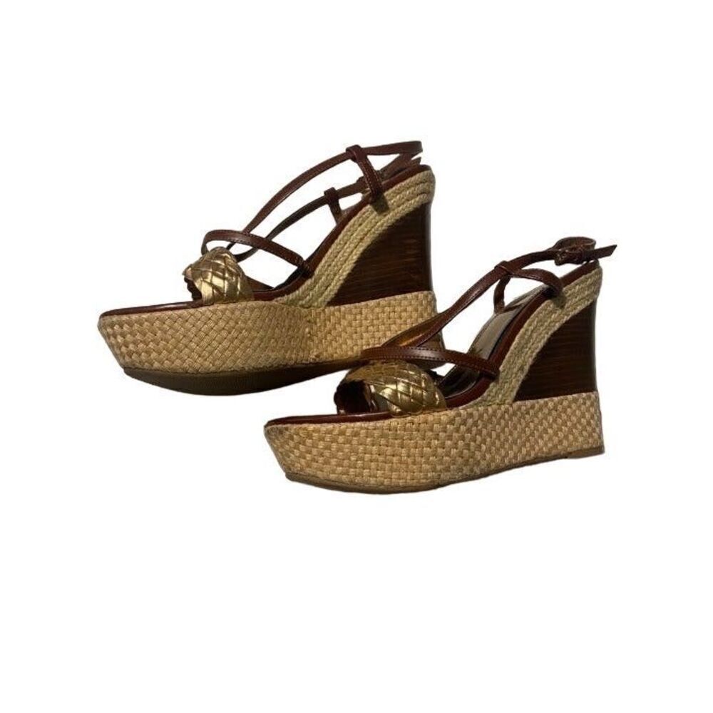 Audrey Brooke Gold & Brown Leather Wedges- Size 9